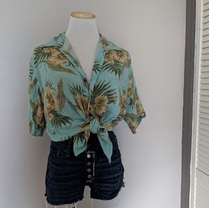 Teal tropical hibiscus floral button up tee shirt